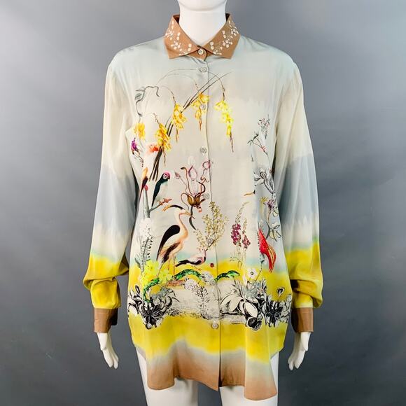 ETRO Size 8 Blue Multi Color Silk Birds Print Contrast Trim Blouse - Picture 1 of 7